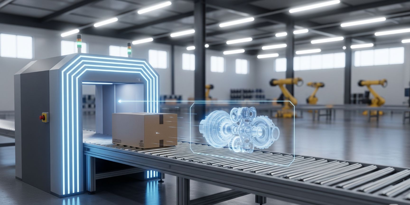 Ein Paket auf einem Förderband in einem modernen Logistikzentrum wird von einer X-Ray Anlage durchleuchtet, um den Inhalt digital zu prüfen.